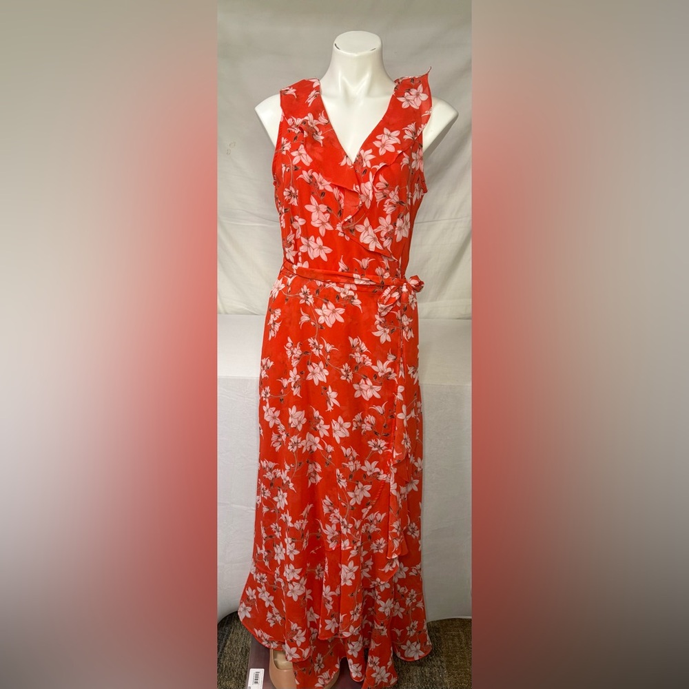 Calvin Klein Red Floral Maxi Dress| chiffon ruffles